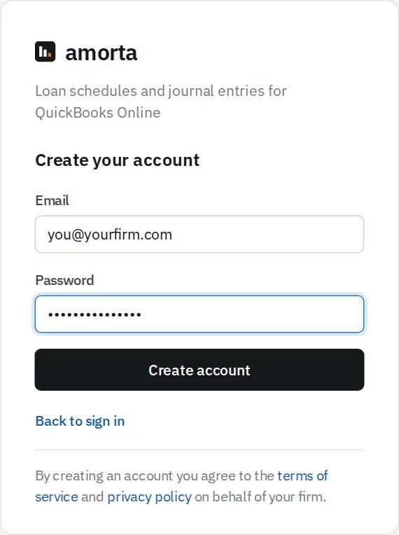 Amorta's Create your account form with email and password.