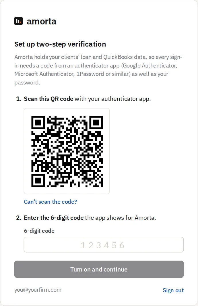 Set up two-step verification: a QR code to scan and a field for the 6-digit code.
