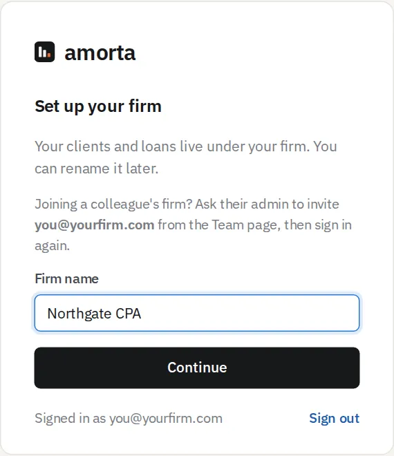 Set up your firm: a field for the firm name.
