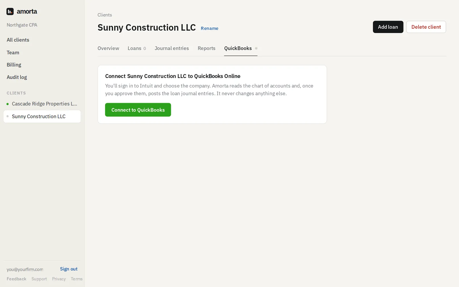 A client's QuickBooks tab with the Connect to QuickBooks button.