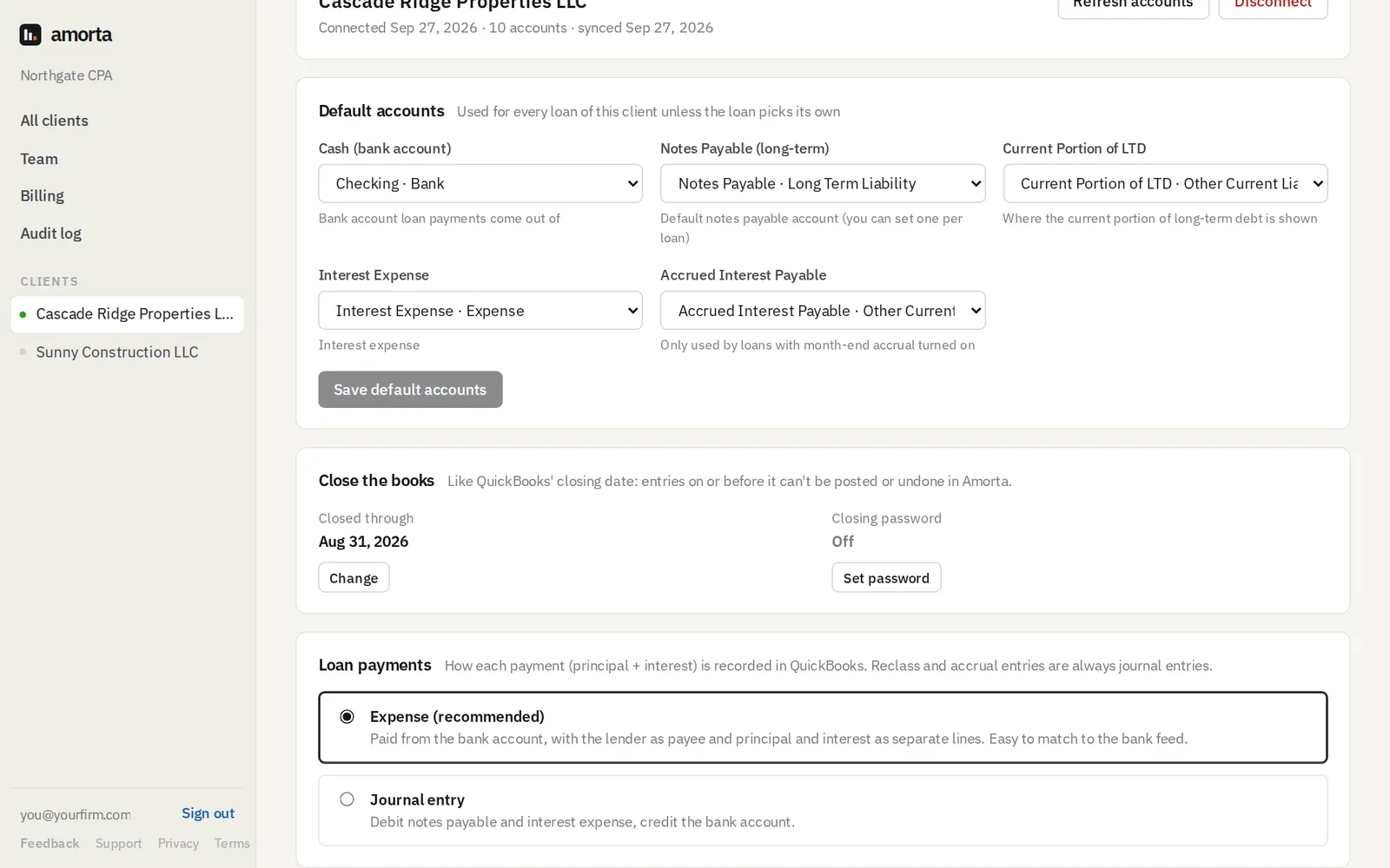 Default accounts, Close the books and Loan payments settings on a client's QuickBooks tab.