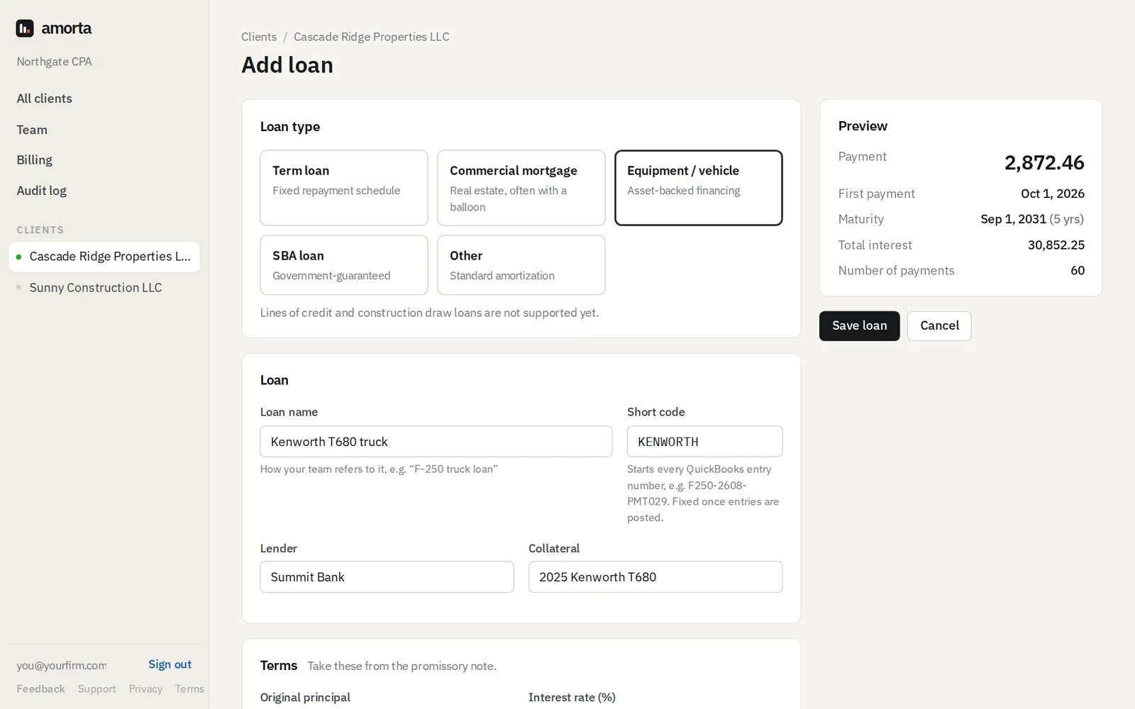 Add loan: loan type cards, loan name, short code, lender and collateral, with a live preview of the payment.