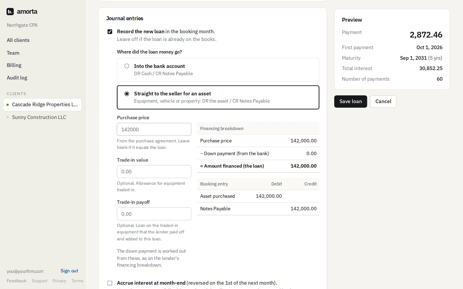 Journal entry options: record the new loan straight to the seller for an asset, with purchase price, trade-in and the booking entry preview.
