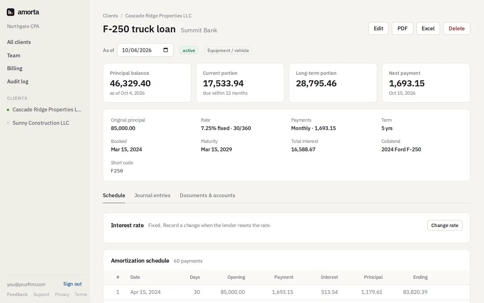 A loan page: balance, current and long-term portion, next payment, terms and the amortization schedule.