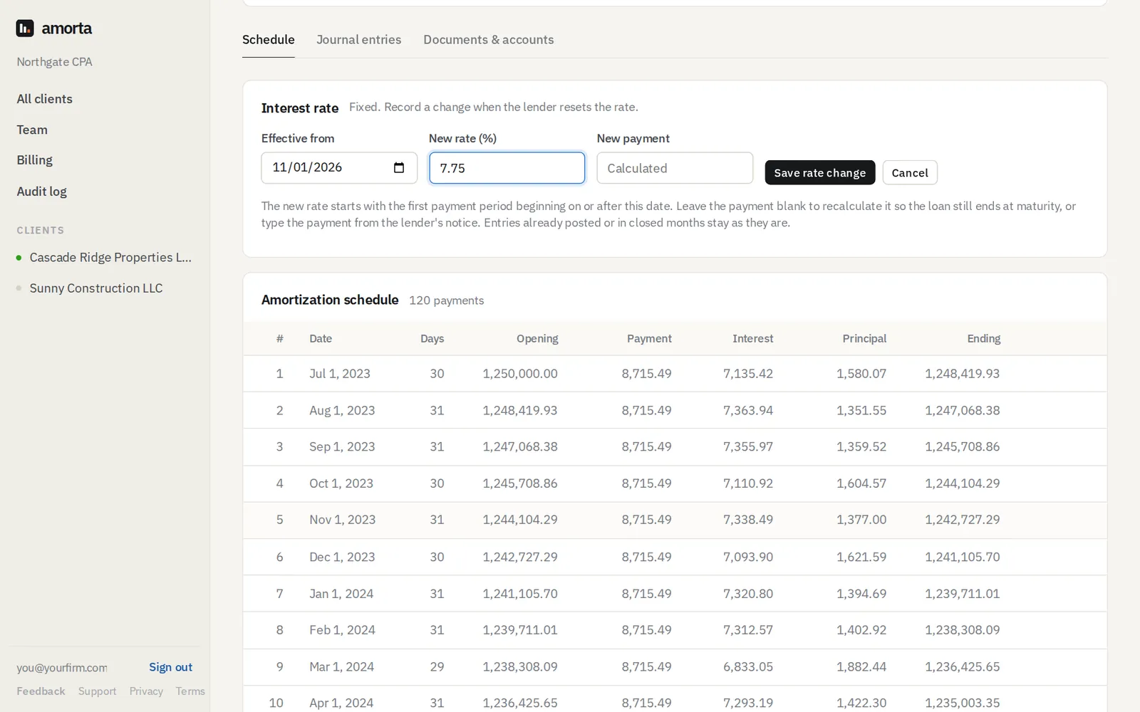 The Change rate form with effective date, new rate and optional new payment.