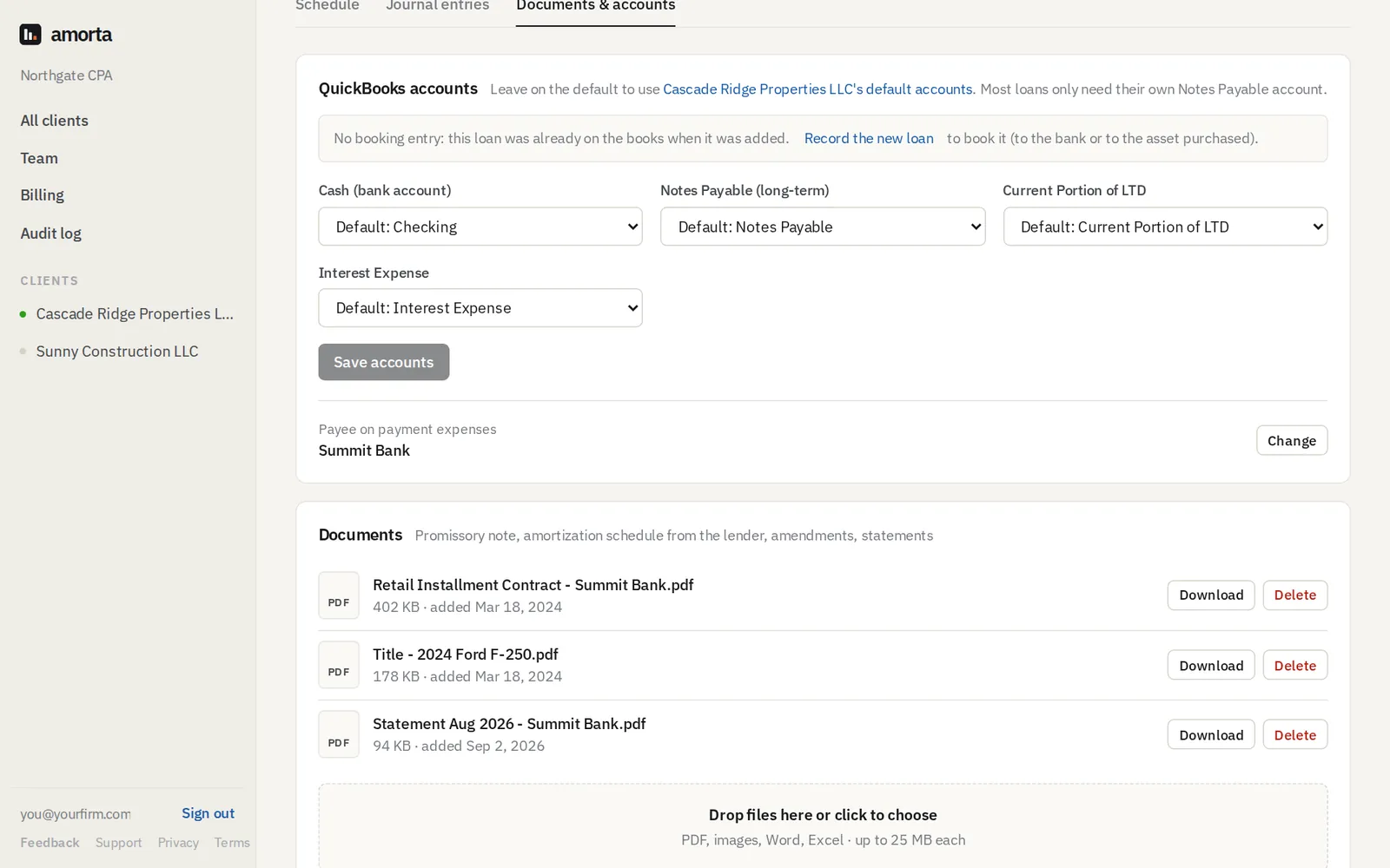 A loan's QuickBooks accounts, payee and documents.