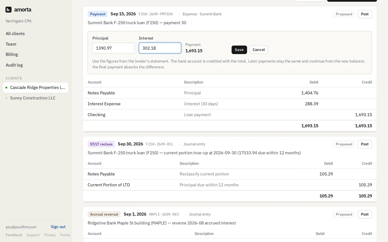 Editing a payment's principal and interest from the lender's statement.