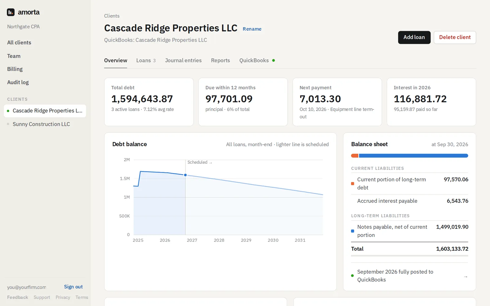A client overview with debt totals, a debt balance chart and the balance sheet split.