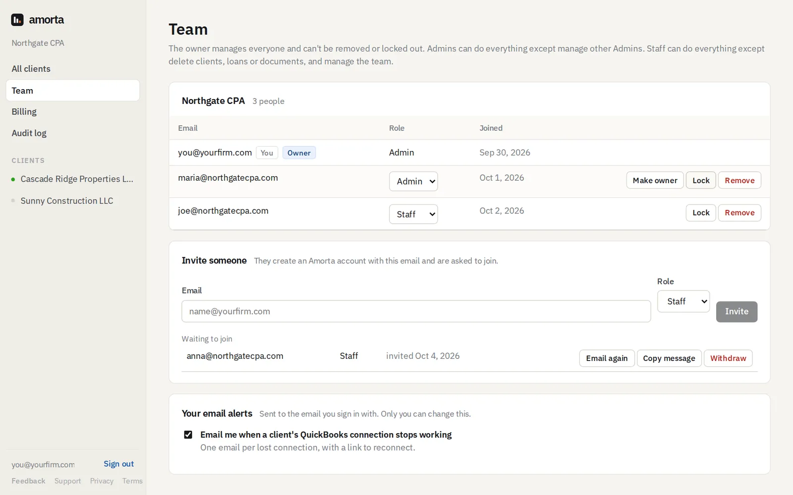 The Team page with the owner, an Admin and Staff, invite form and email alert setting.